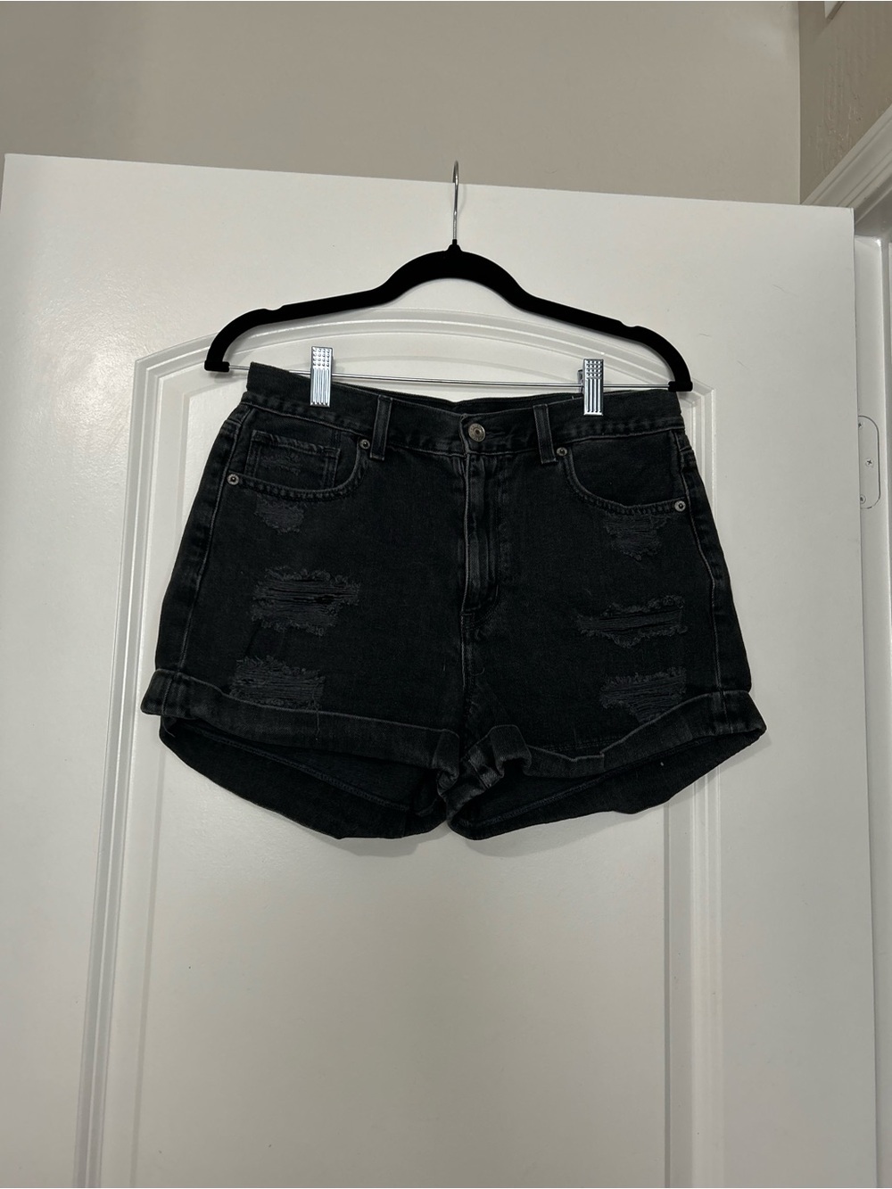 American Eagle Outfitters Black Distressed High-Rise Denim Shorts